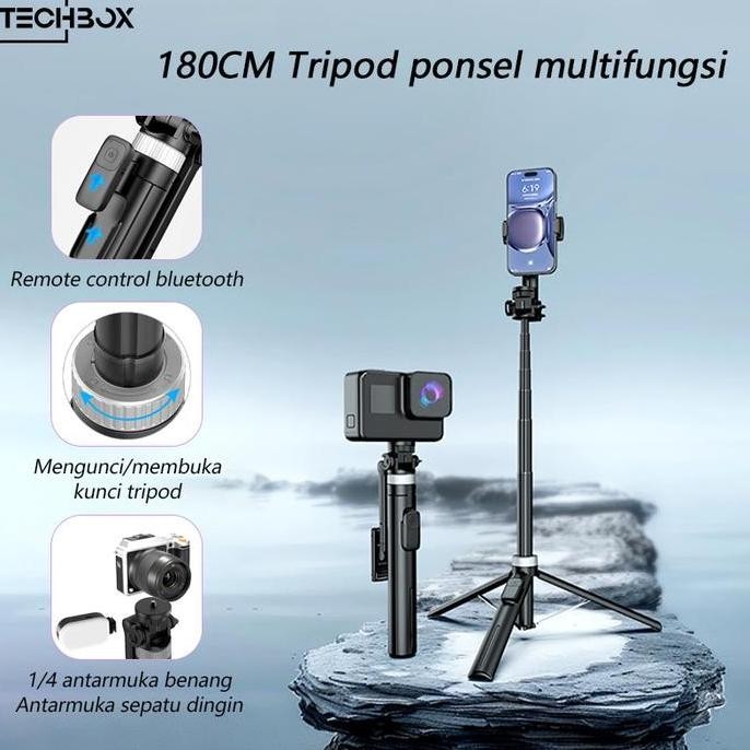 Tech Multifungsi Aluminium Tongsis Tripod Bluetooth Remote 1800Mm Selfie Stick Tripod Hp Holder Stan
