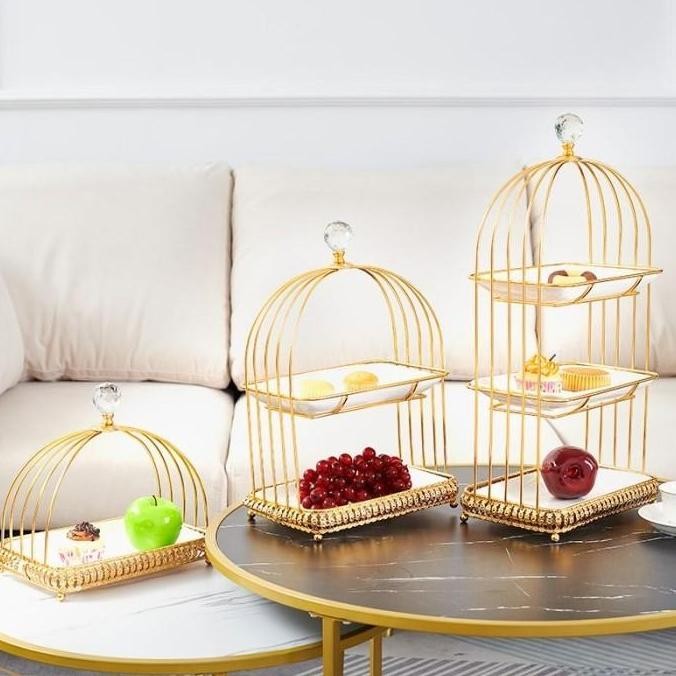 Ceramic Stand Cake Plate Bird cage Tempat Kue Gold/ Tray Buah 3Tingkat
