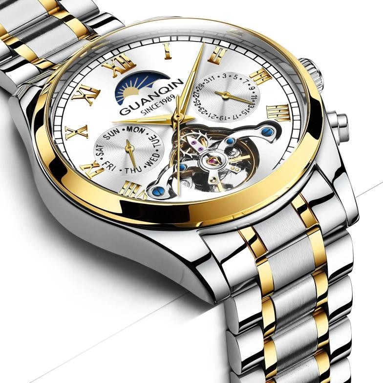 GUANQIN Tourbillon Mechanical Luxury Men's watches Stainless steel Waterproof Moon Phase Watch Sapph