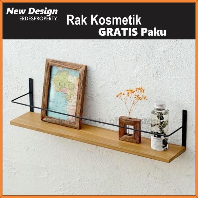 Rak Kosmetik / Kamar Ambalan Kayu Minimalis Dekorasi Dinding Gantung Besi Jati Co