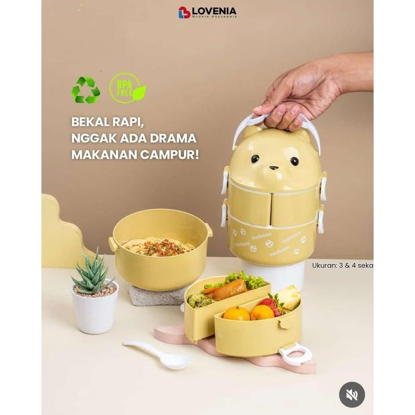 Kotak Makan Anak Lovenia Rantang Beruang Sekat Susun 3 Bonus Sendok Makan Plastik - Kitchenware Co