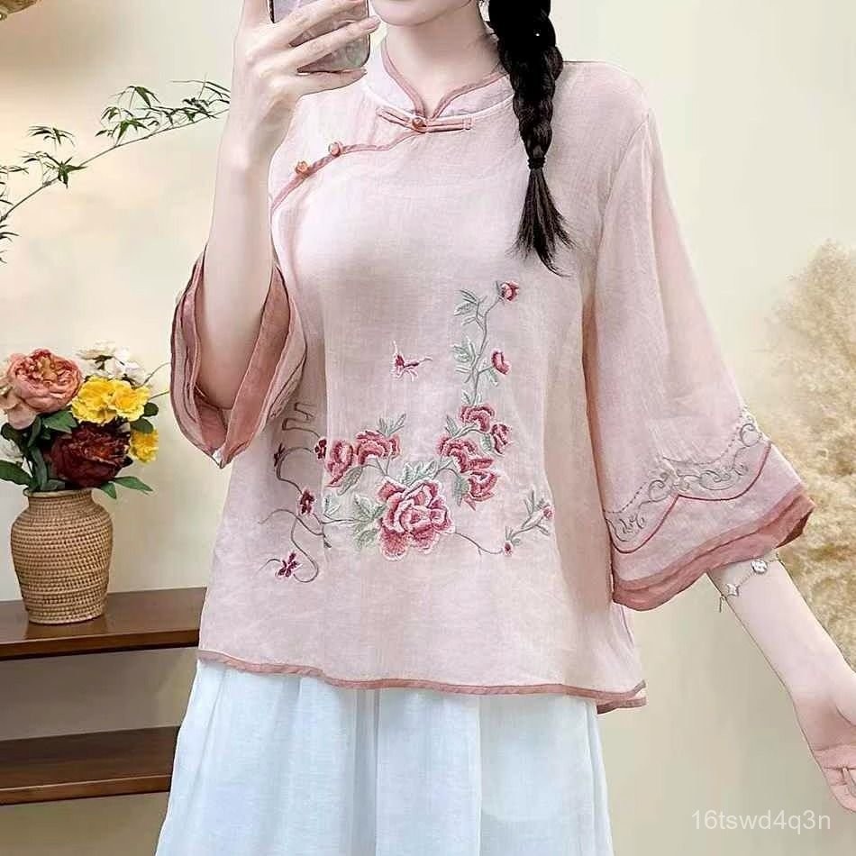 Blus Wanita Gaya Etnik Vintage Bordir Katun Linen
