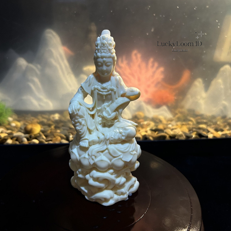 Ivory Fruit Holding Ruyi Comfortable Guanyin Buddha Statue Ornament Craft