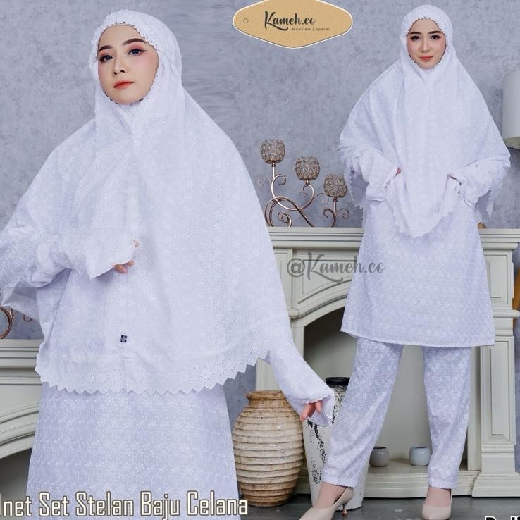 Baju Stelan Ihrom Haji Umroh Wanita Bahan Katun Paris Full Set