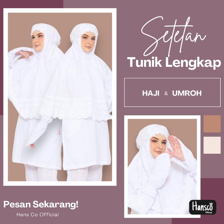 Baju Umroh Setelan Tunik Ihram Lengkap Putih Bordir Perlengkapan Umroh Haji Wanita Muslimah