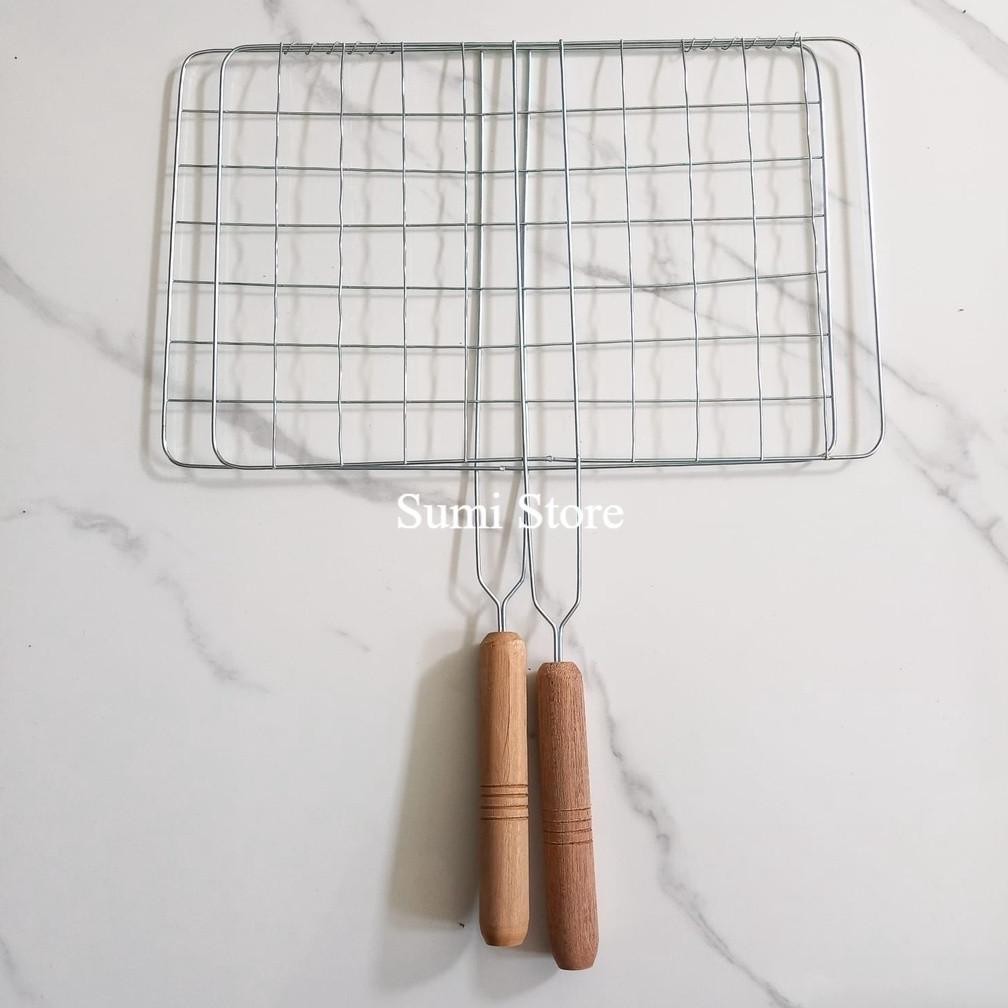 Panggangan Ikan Bakar / Alat Bakaran / Panggangan Ikan Besar Gagang Kayu / Panggangan Capit Besar / 