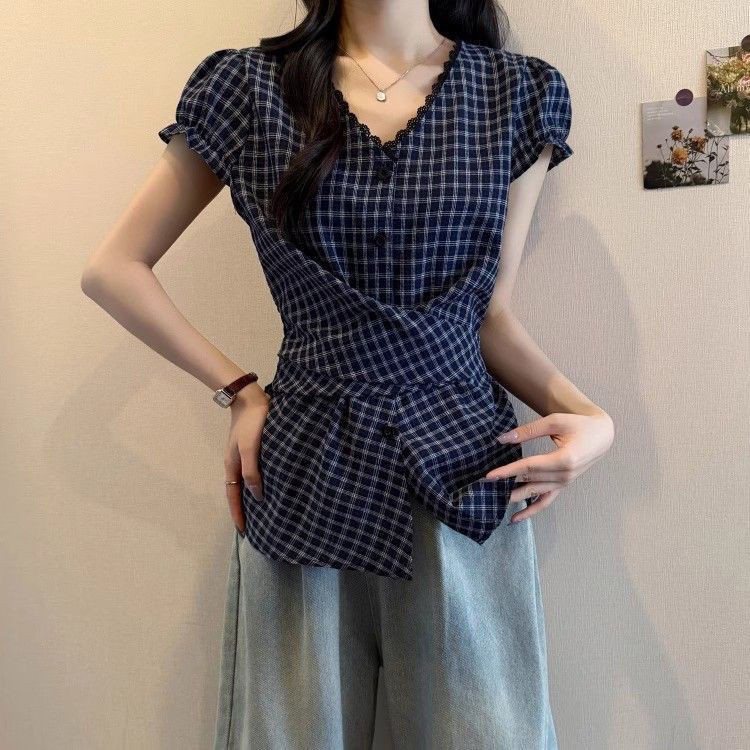 Blus Lengan Pendek Wanita dengan Trim Renda/Blus Lengan Puff Tie-Dye