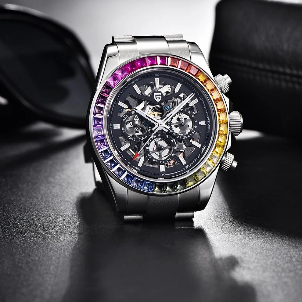 2023 New PAGANI DESIGN High-end Fashion Rainbow Bezel Men Mechanical Watches Stainless Steel Hollow 
