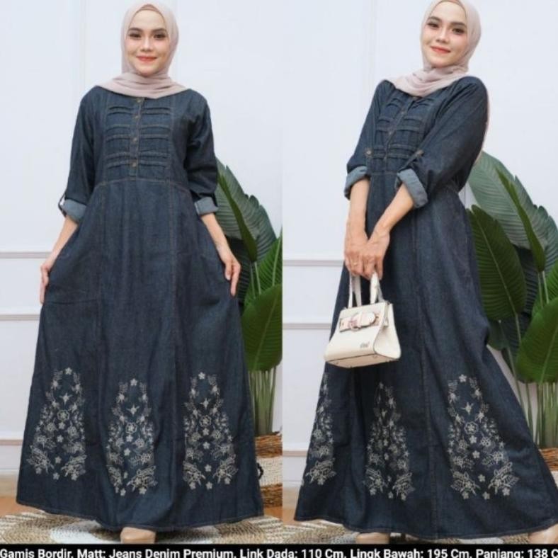 New - Gamis Jeans Jumbo Solid Blue Bordir Bunga Untuk Wanita Dewasa