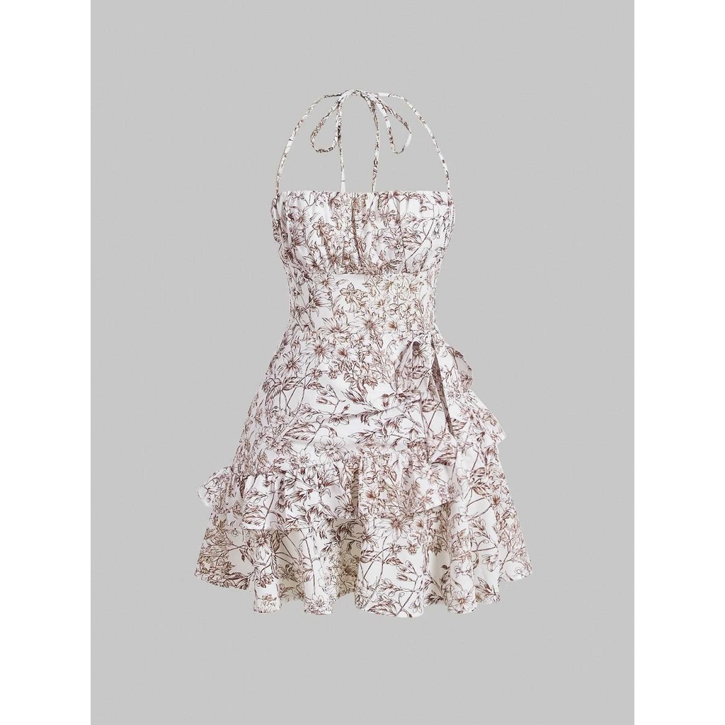 New European and American Style Floral Strap Cake Dress Vintage Multicolor Double Layer Hem Dress