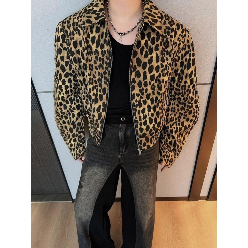 Jaket Vintage Motif Macan Tutul Pria High Street vibe Jaket Pendek Windbreaker