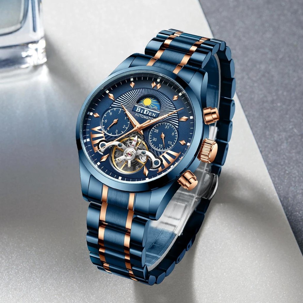BIDEN mechanical automatic men's watch, high-quality steel strap watch, 30M waterproof, suitable for