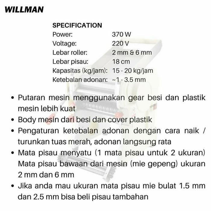 Willman Dhh 180 Gilingan Mie Gear Besi Noodle Maker Pastel Molen Original Dan Terpercaya
