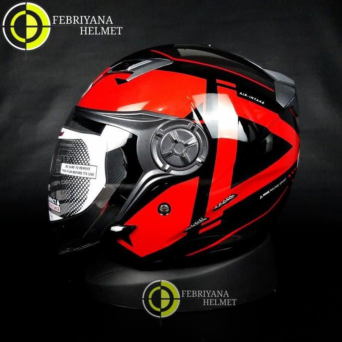 Helm Nhk Gladiator Grande Black Red Glossy Halfface Double Visor Promo