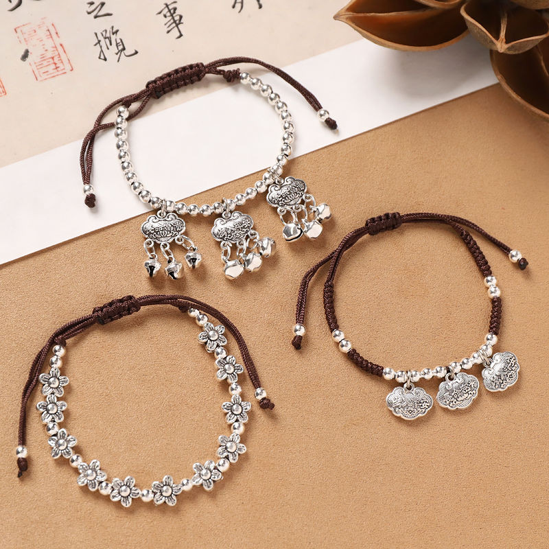 Gelang Bel Kunci Panjang Umur Tenun Tangan Gaya Etnik Vintage Unisex Gelang Perak Tibet Gaya Cina Ba