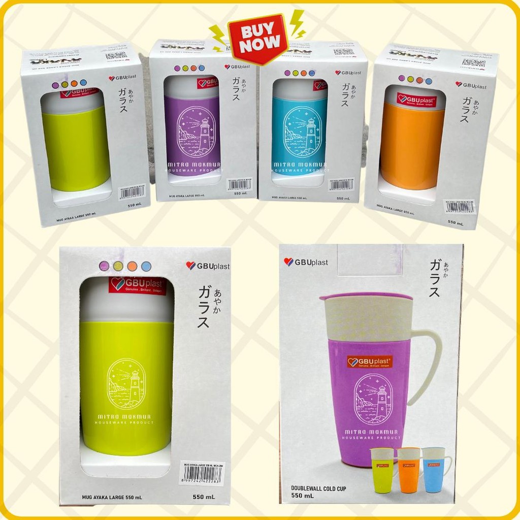 New Mug Plastik Double Layer 550 Ml Ayaka Gbu Plastik Gelas Gagang + Tutup Plastik Stok