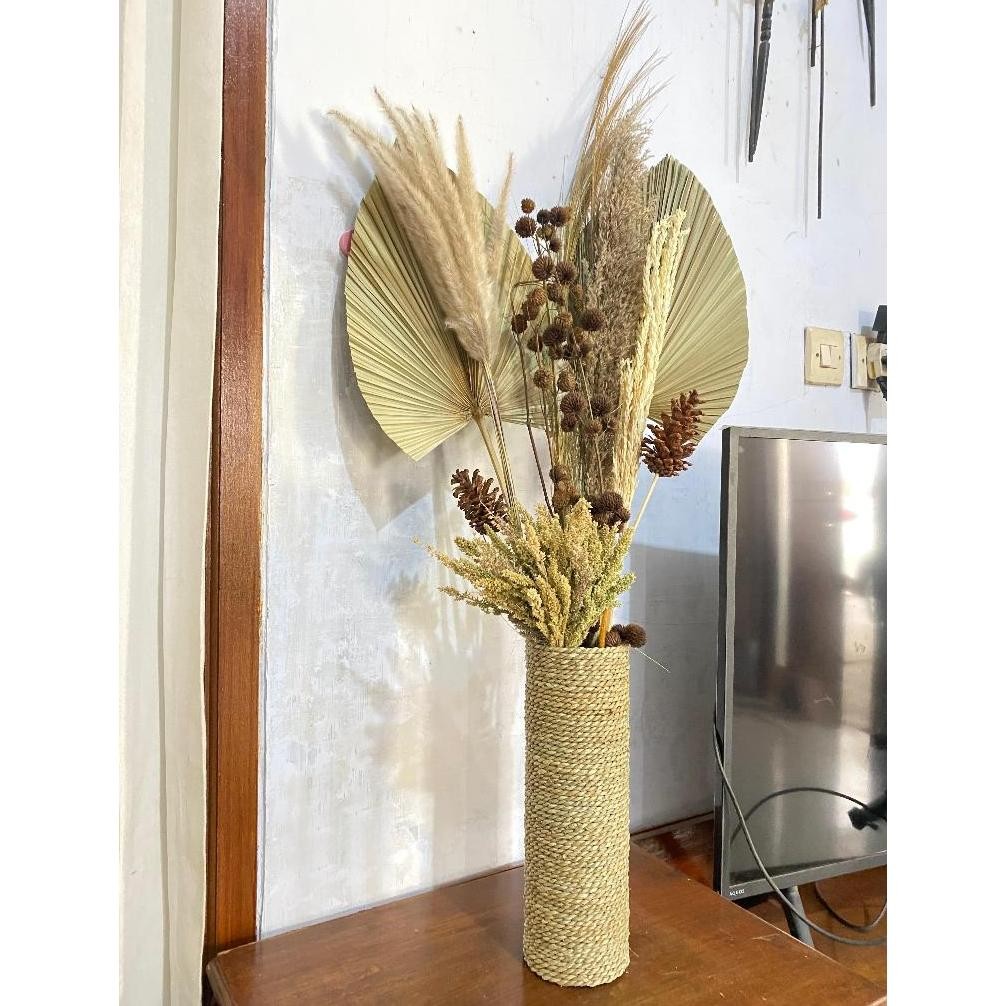 Paket Bunga Kering dan Pot Murah/Paket Hemat Bunga Kering/Daun Palem Kering/Pampas/Rayung/Hiasan Rum