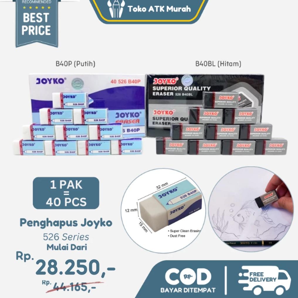 

Penghapus Joyko 526 B40BL Hitam / 526 B40P Putih 1 Pak 40 pcs Penghapus Karet DiM