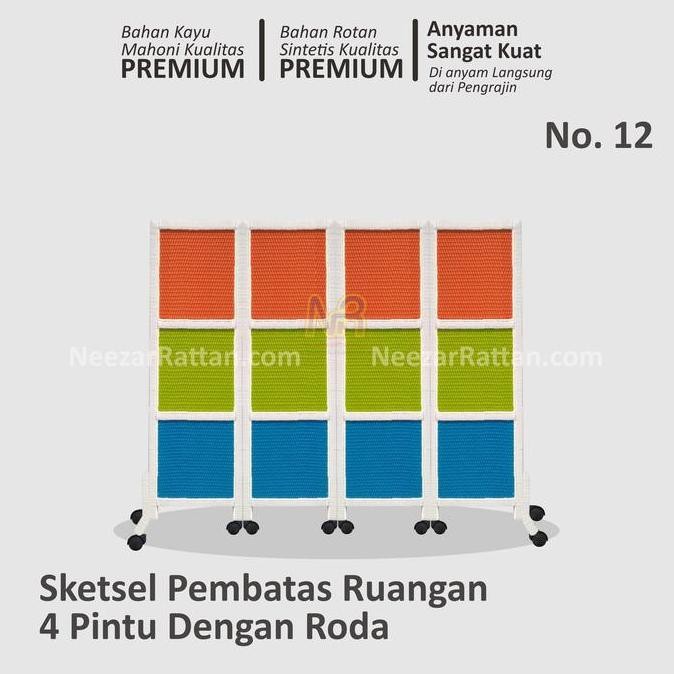 Sketsel partisi pembatas Penyekat ruangan no 12, 4 pintu, PAKAI RODA sekat ruang tamu estetik PM