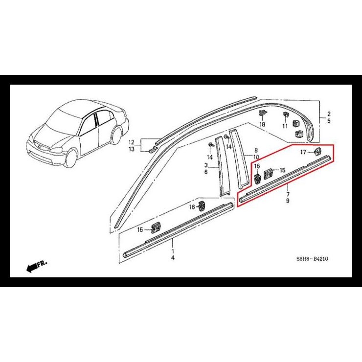 DISKON PELIPIT KACA PINTU DEPAN BELAKANG KANAN CIVIC ES 2001-2005 ORIGINAL