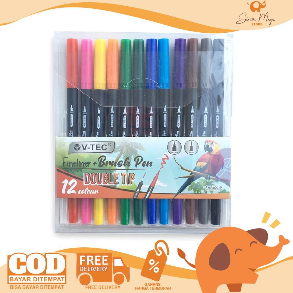 

V-tec Fineliner + Brush Pen 12 Color AM 278 FB Spidol 12 Warna Dual Tip 2 In 1 Murah DiM