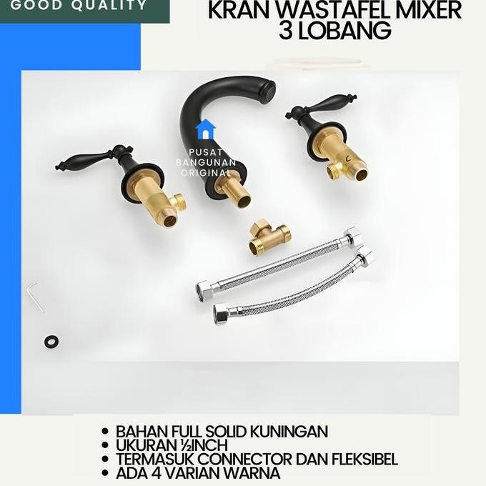 Kran Wastafel 3 Lubang Panas Dingin Antik Brass Bronze Keran Air Mixer