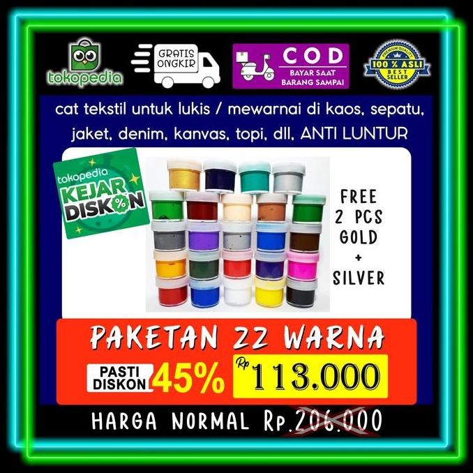 

22 Warna Paket - Cat Tekstil / Lukis Utk Kaos / Kanvas / Tas / Sepatu