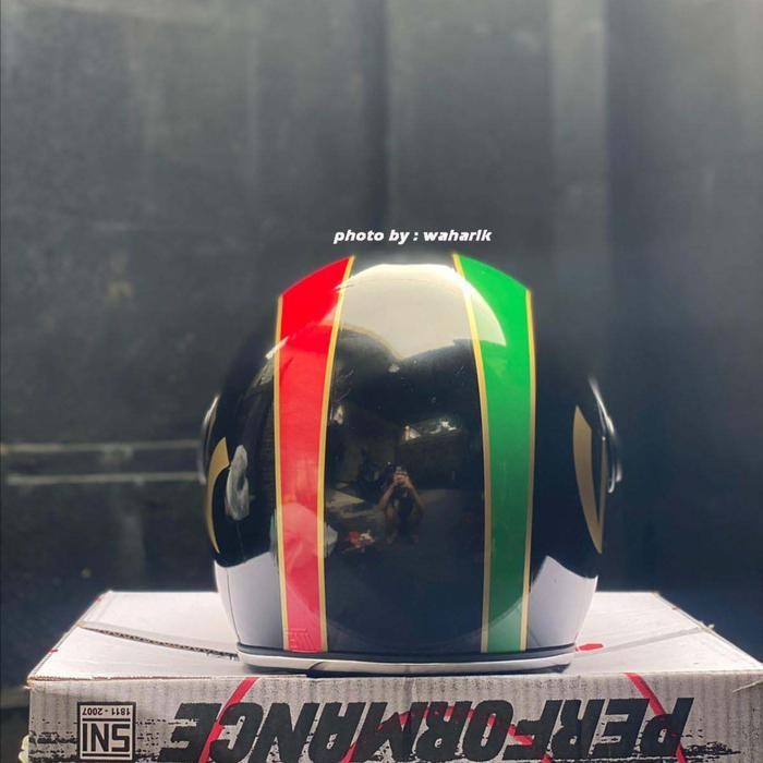 Helm Vespa Classic Hitam Glossy List Chrome + Visor Original Dan Terpercaya