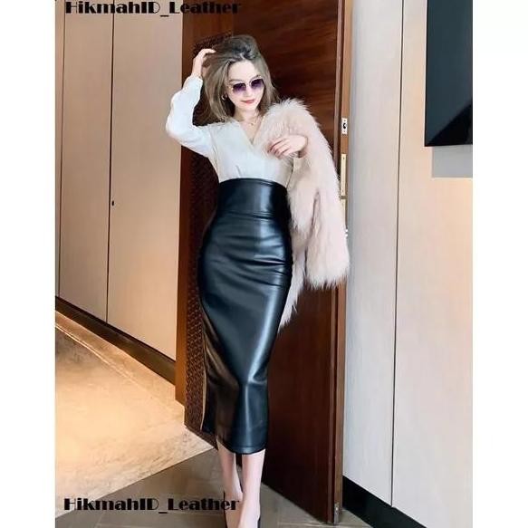 

Rok Pensil Kulit PU Midi Wanita Hitam Sabuk Celah Belakang High Waist Formal 2023