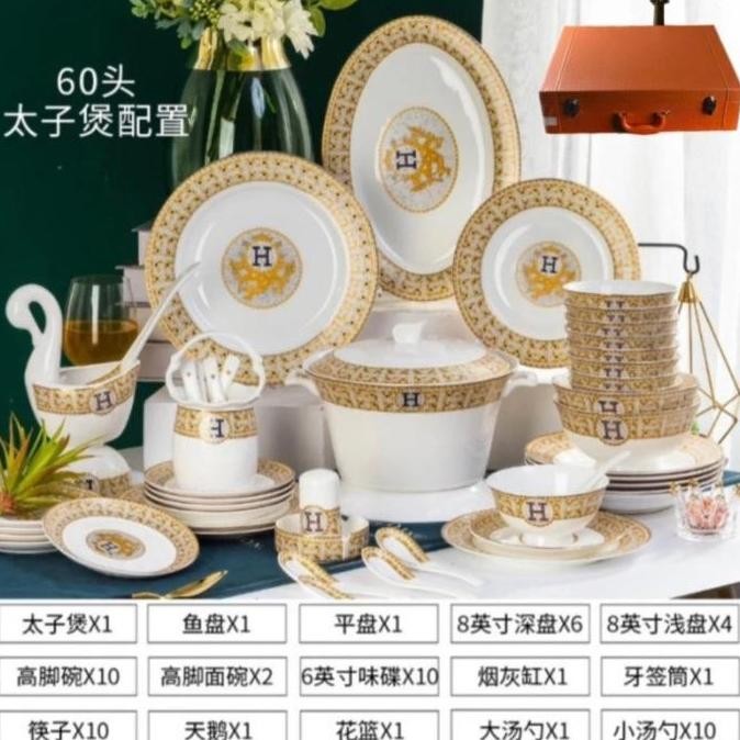 BEBAS ONGKIR - Piring Makan Hermes Set Keramik Isi 60 pcs / Hadiah Kado Wedding Mewah