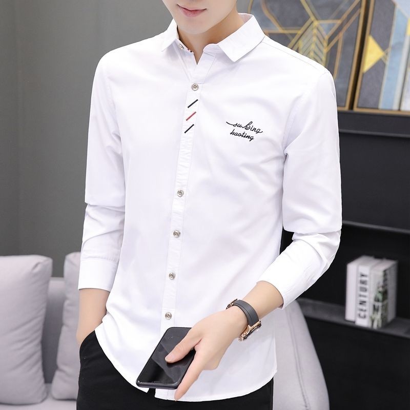 Kemeja Putih Pria Lengan Panjang Gaya Korea Baru Kemeja Bordir Trendy Pakaian Fashion Pria Tampan Ke
