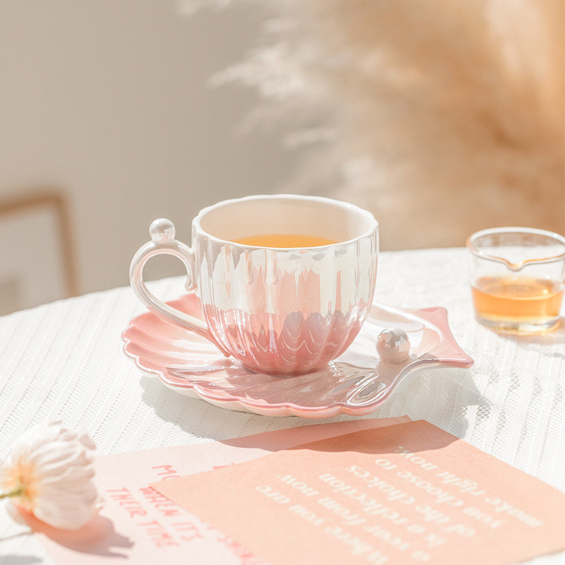 

Pearl Shell Coffee Cup European Style Creative Coffee Cup and Saucer Ceramic Cup Gift ins Afternoon Tea Set Tableware