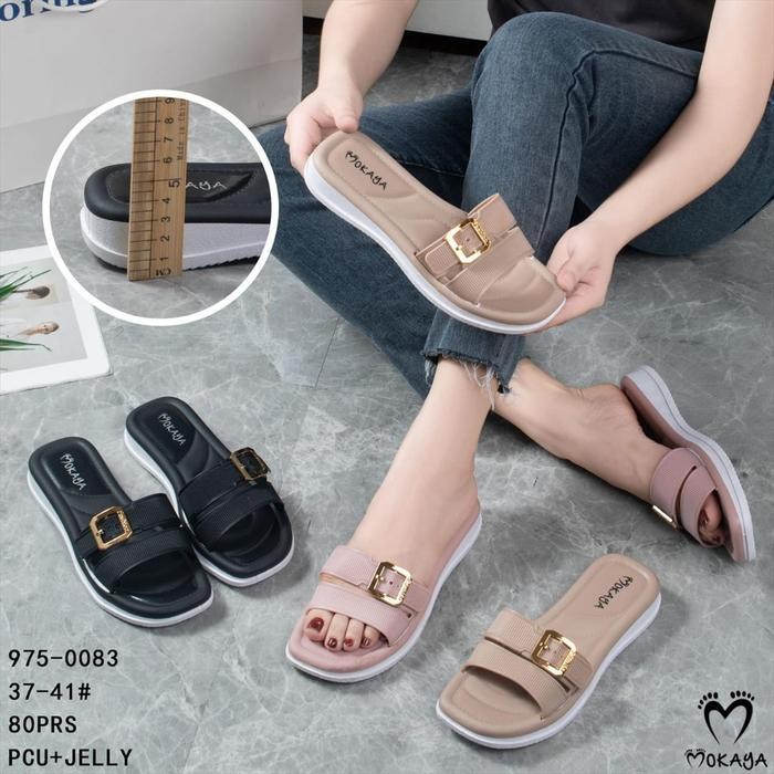 (975-0083) Sandal Slop Jelly Wanita Ban 2 Garis Sama Warna Gesper Emas Sol Tebal Super Mewah Cantik 