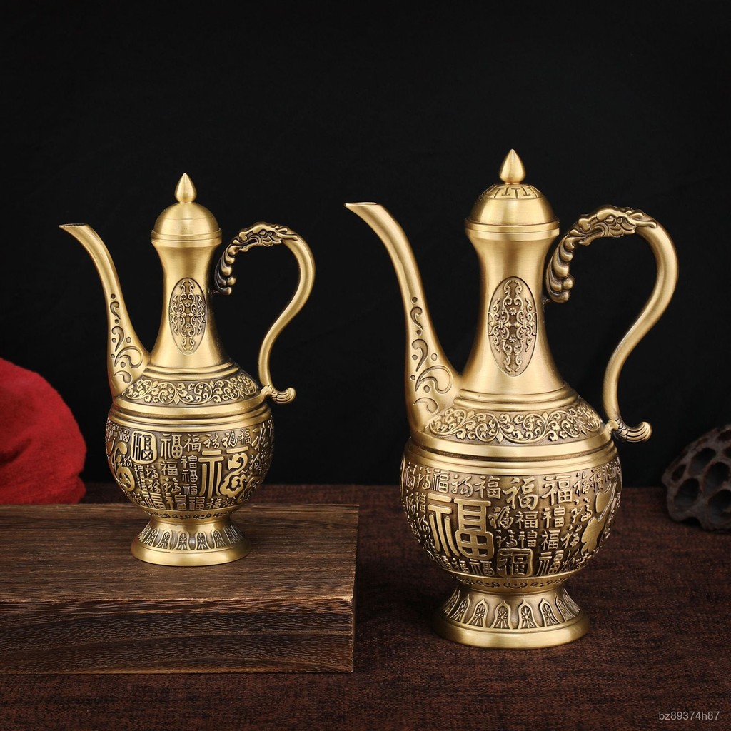 Kang-Qian Pot Anggur Relief Kuningan Seratus Berkah Panci Anggur Tembaga Mewah Dekorasi Rumah Orname
