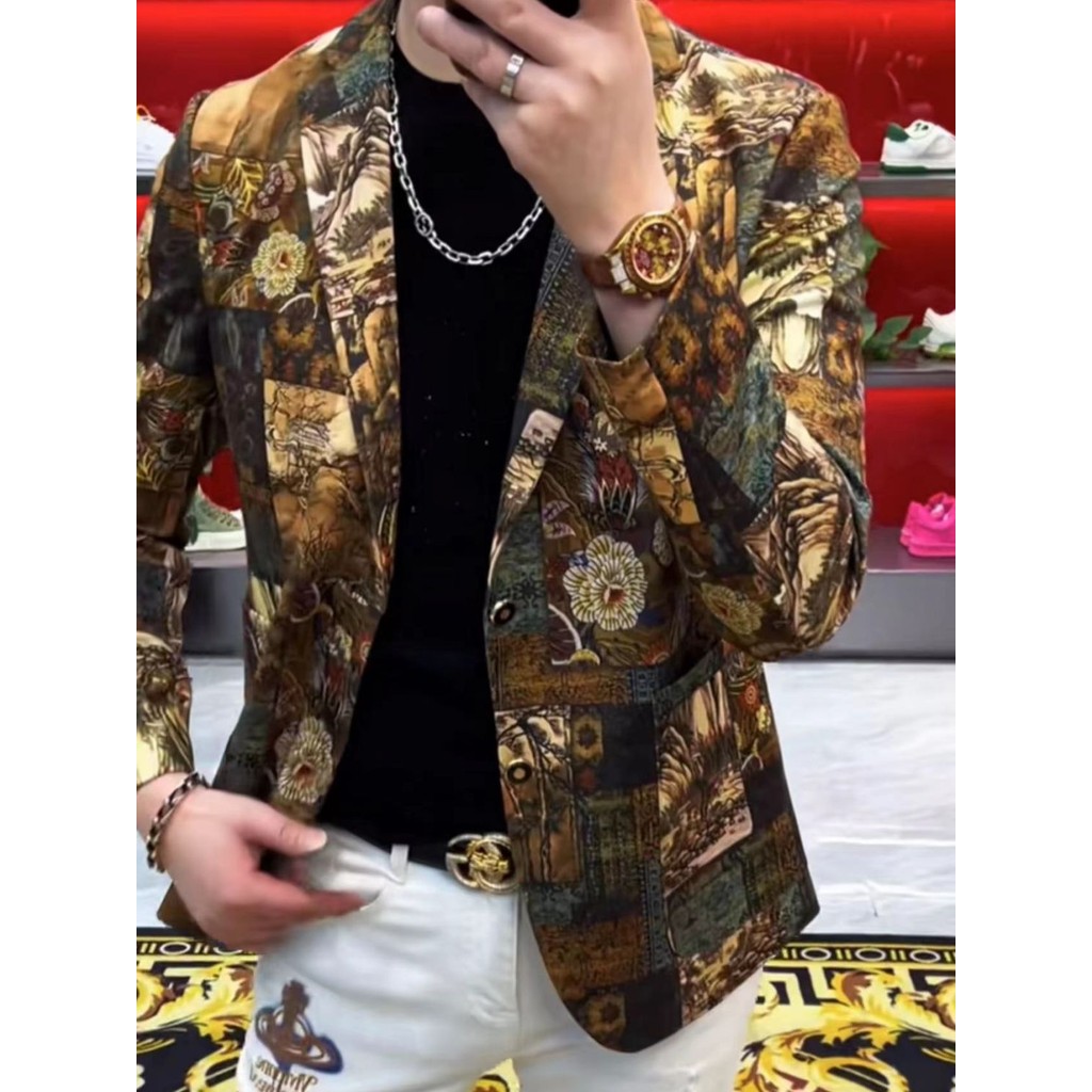 Jaket Jas Pria Fashion Cetak Santai Slim Fit Stretch Baru