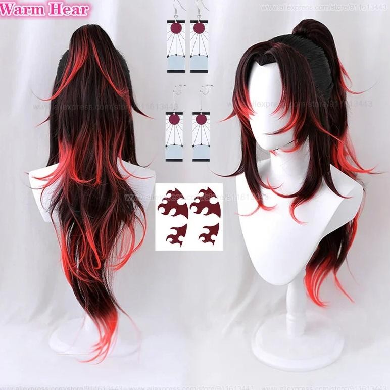 80cm Long Tsugikuni Yoriichi Synthetic Anime Black Red Wig Cosplay Anime Wig Heat Resistant Hair Hal