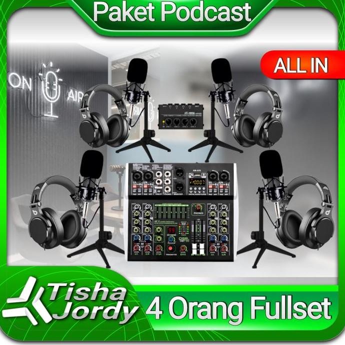 BARU PAKET PODCAST 4 MIC + 4 HEADPHONE + MIXER LIVE - PERALATAN PODCAST LENGKAP