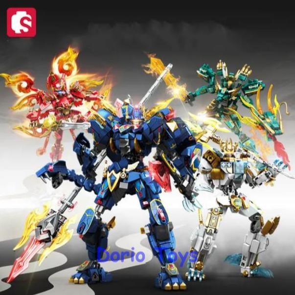 TERBARU Sembo Robot Mecha Armor - Koleksi Mythical Beast: Naga Azure, Harimau Putih & Phoenix Mainan