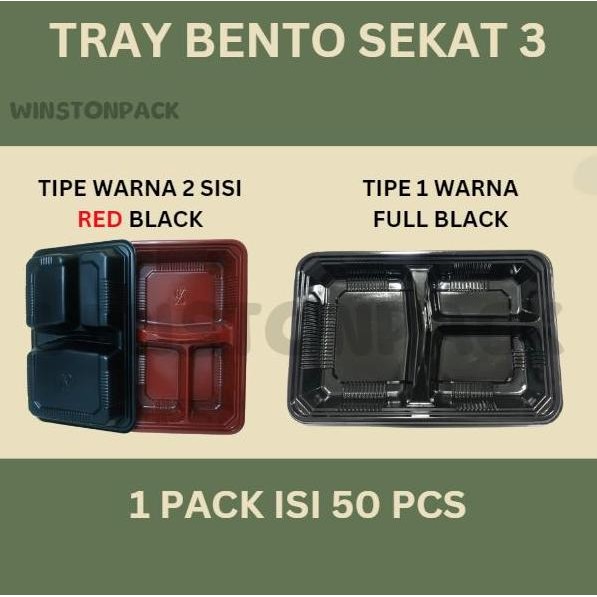Mika Bento Sekat 3 Hitam & Merah Hitam / Kotak Makan Sekat / Lunchbox