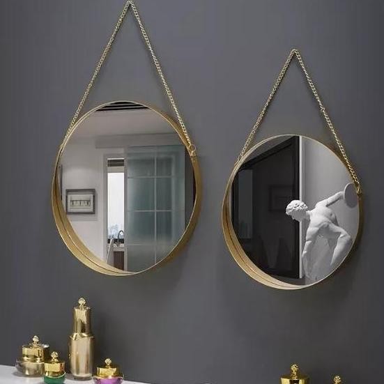 Cermin Dinding Bulat Gold / Cermin Gantung Tali Rantai Aesthetic