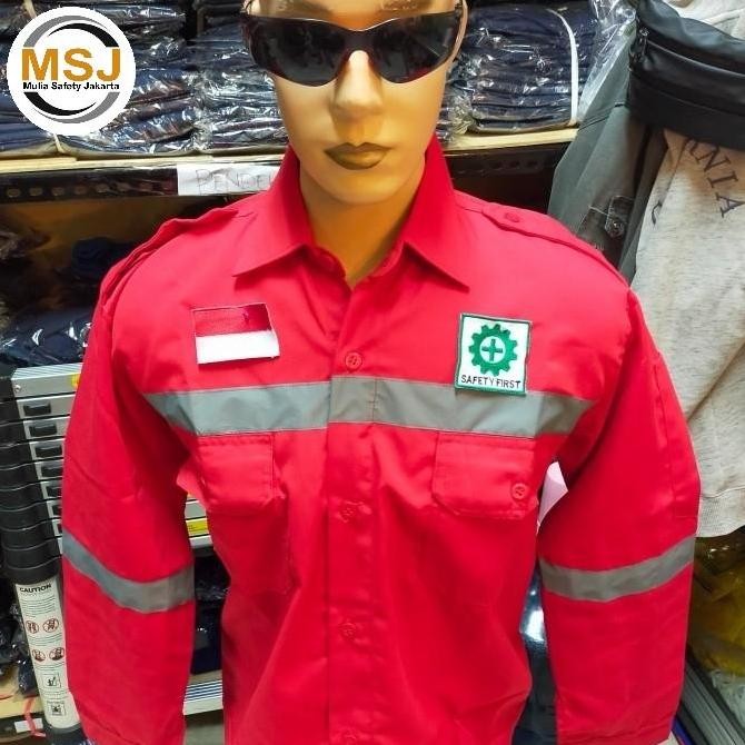 baju seragam kerja safety merah / baju atasan kerja safety+ logo k3