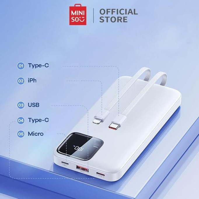 ASLI MINISO POWER BANK 20000MAH DISPLAY DIGITAL DUAL CABLE BUILT-IN KABEL POWERBANK