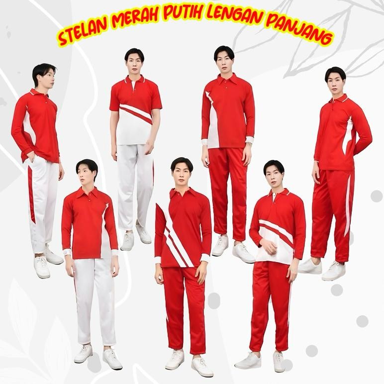 Setelan Baju Olahraga Merah Putih Wangki Pria Wanita Lengan Panjang