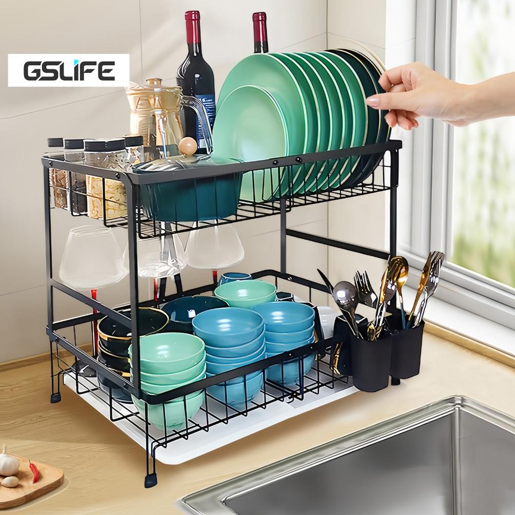 1/2 Susun Rak Piring Stainless Steel Rak Dapur Kapasitas Besar Rak Piring Wastafel Anti Karat Dengan