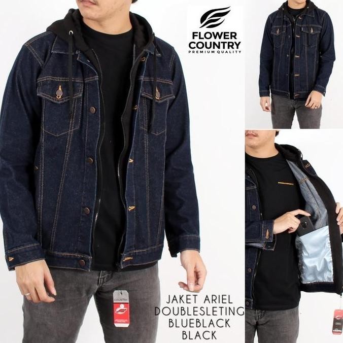JAKET JEANS HOODIE ARIEL HITAM PRIA FREMIUM