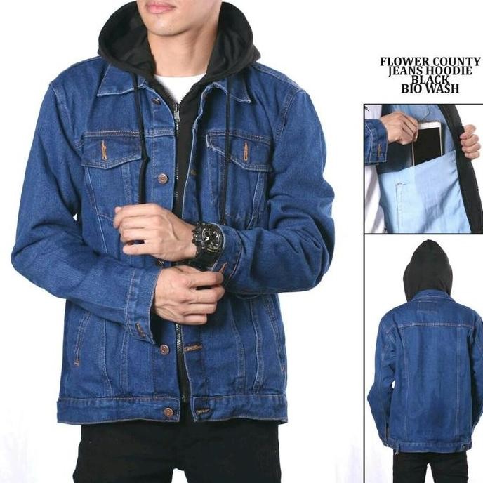 Jaket Jeans Pria Hoodie Double Resleting Jaket Jeans Aril Premium
