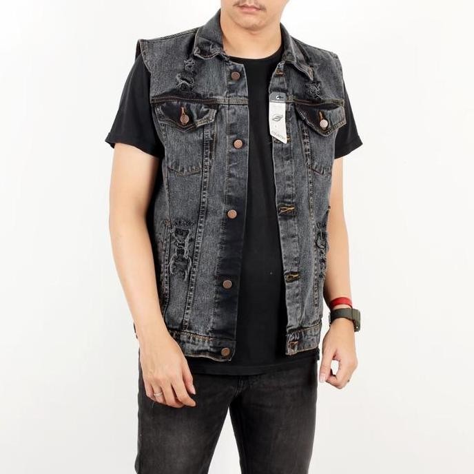 Jaket Rompi Jeans Sobek Pria / Rompi Jeans Ripped Sandwash Pria Ori
