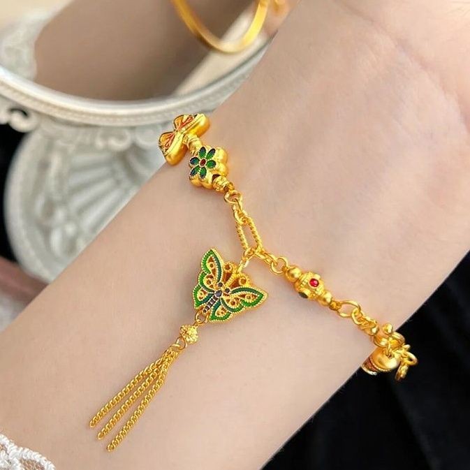 Gelang Rumbai Kupu-Kupu Kuning Emas Kuno yang Modis dan Elegan untuk Wanita