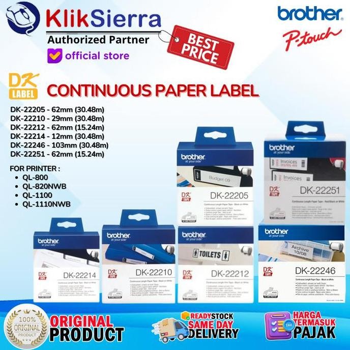 

Brother Continuous Paper Label Sticker For Ql800 | Ql820 | Ql1100 | Ql1110 - Original Tape Dk-22205 Dk22205 | Dk-22210 Dk22210 | Dk-22212 Dk22212 | Dk-22214 Dk22214 | Dk-22246 Dk22246 | Dk-22251 Dk22251 New Stok
