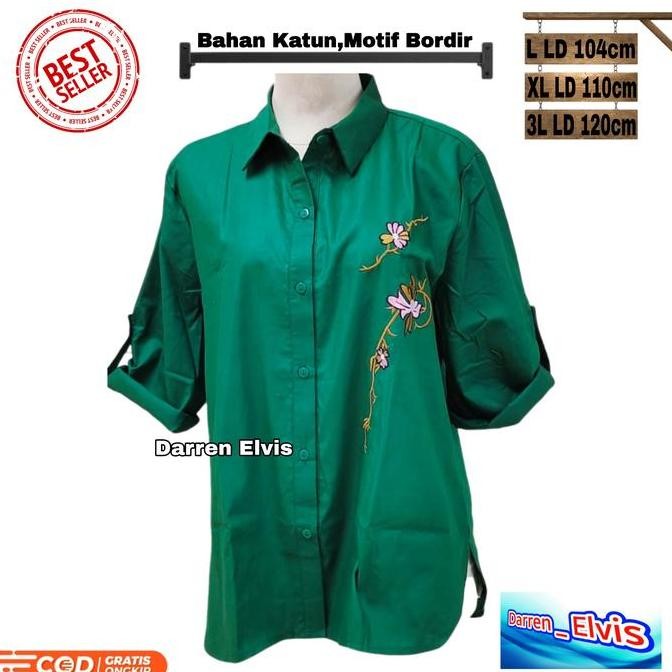 Kemeja Wanita Hijau Botol Bunga Dua Susun
